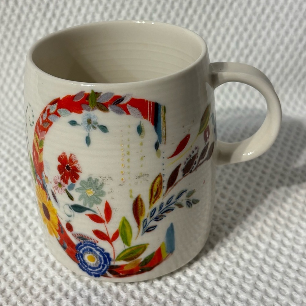 STARLA HALFMANN Floral Pattern Ceramic Mug in White Multicolor Flowers Letter C